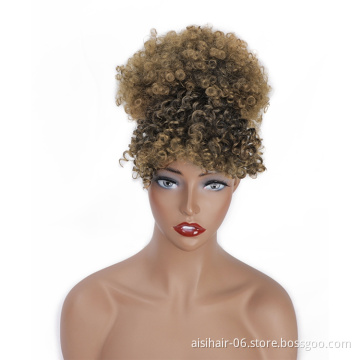 Aisi Hair Cheap Short Afro Puff Ponytail With Bangs Kinky Curly Hair Bun For Women Wrap Drawstring Updo Hair Extensions